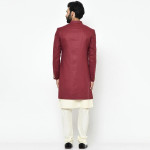 Men Maroon & Beige Solid Sherwani Set